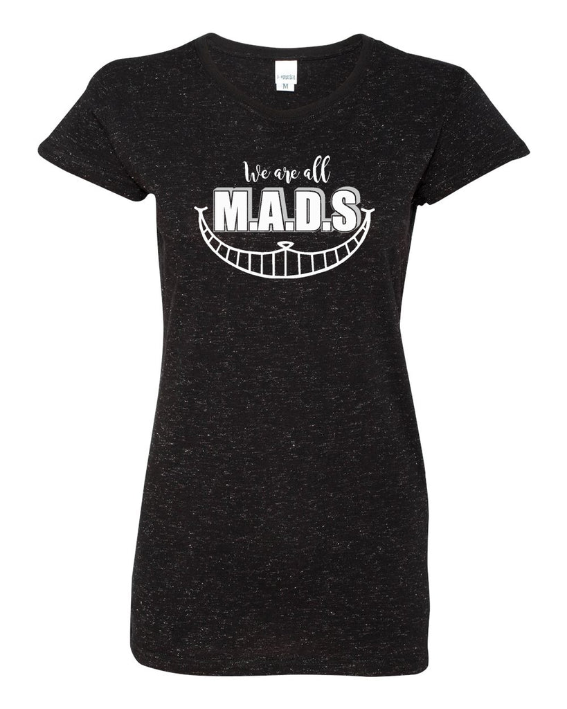 mads black glitter crew t-shirt w/ all mads design on front.
