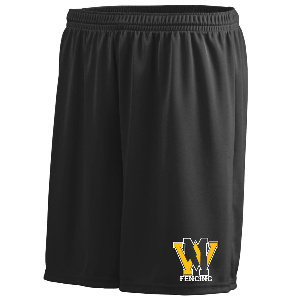 west milford fencing black as-octane shorts w/ wm fencing logo on left front leg