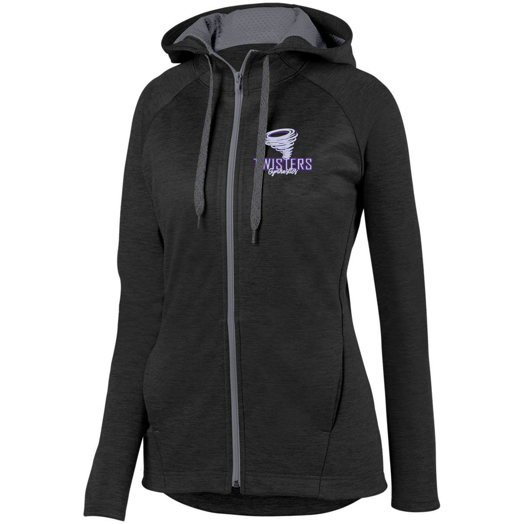 twisters black ladies zoe tonal heather full zip hoodie w/ 2 color embroidered f5 design on front left chest