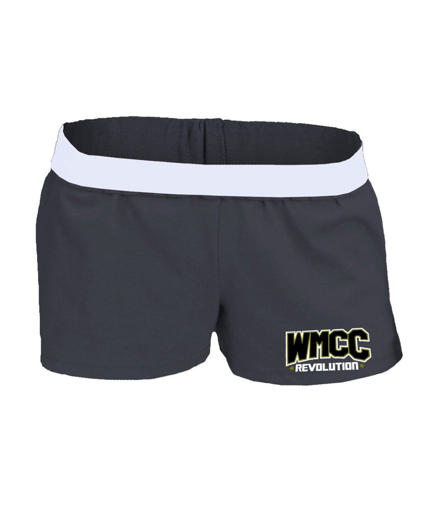 wmcc black authentic low rise soffe short w/ gold & white print logo on front left leg.