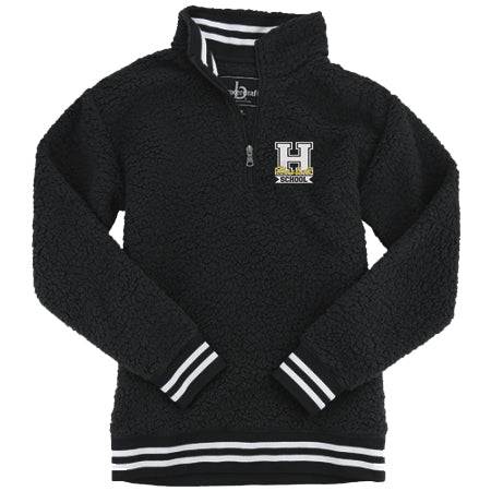 haskell school bc black adult varsity sherpa w/ haskell school "h" logo embroidered on front.