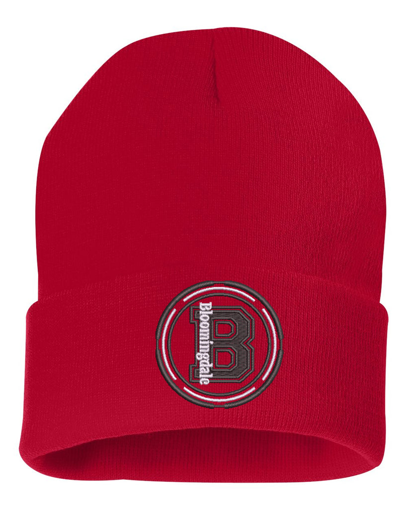 bloomingdale pta sportsman - solid red 12" cuffed beanie - w/ bloom b design embroidered on front.