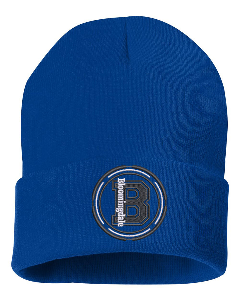 bloomingdale pta sportsman - solid royal 12" cuffed beanie - w/ bloom b design embroidered on front.