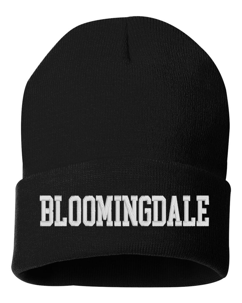 bloomingdale pta sportsman - solid black 12" cuffed beanie - w/ bloomingdale embroidered on front.