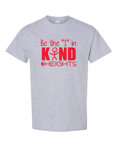 Heights Sport Gray Short Sleeve Tee w/ Kindness Matters Design in Red on Front.