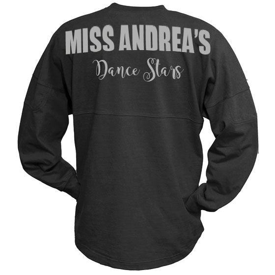 mads black billboard crew shirt w/ miss andreas dance stars design on back.