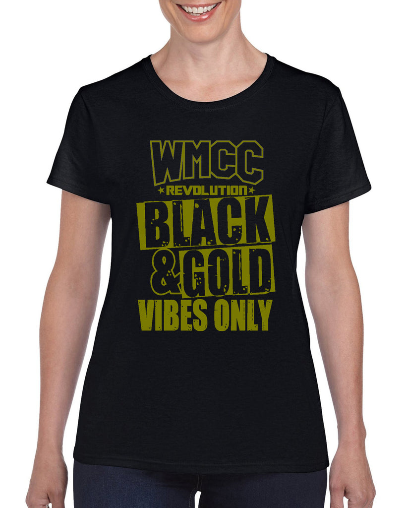 WMCC Black Short Sleeve Tee w/ Black & Gold Vibes Only Design on Front.
