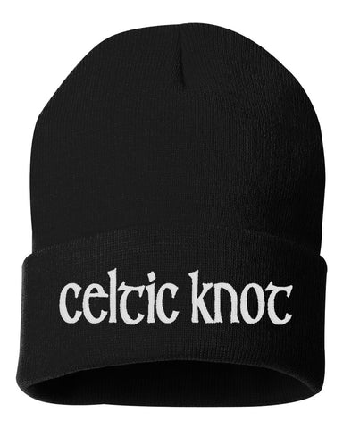 Celtic Knot Black Solid 12" Cuffed Beanie w/ White TRIQUETRA Design on Front