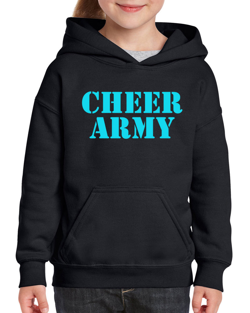 cheer army black heavy blend hoodie w/ columbia blue cheer army stencil logo on front.