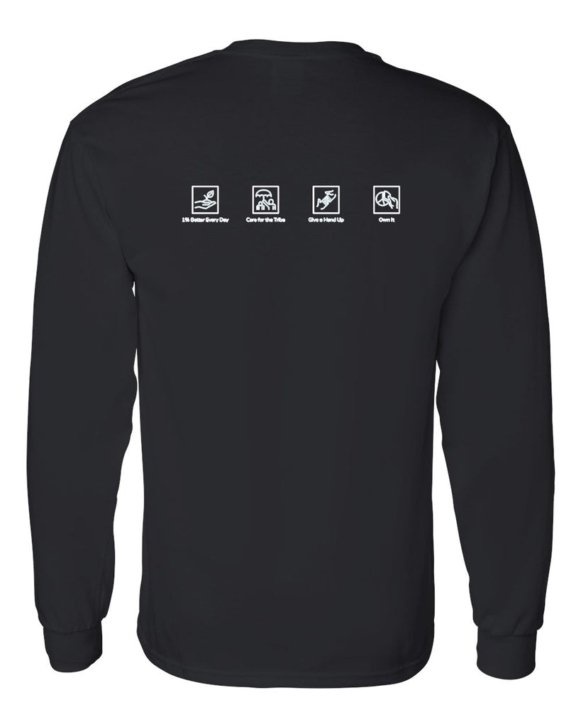 profitlinq black long sleeve shirt w/ large profitlinq logo on front.