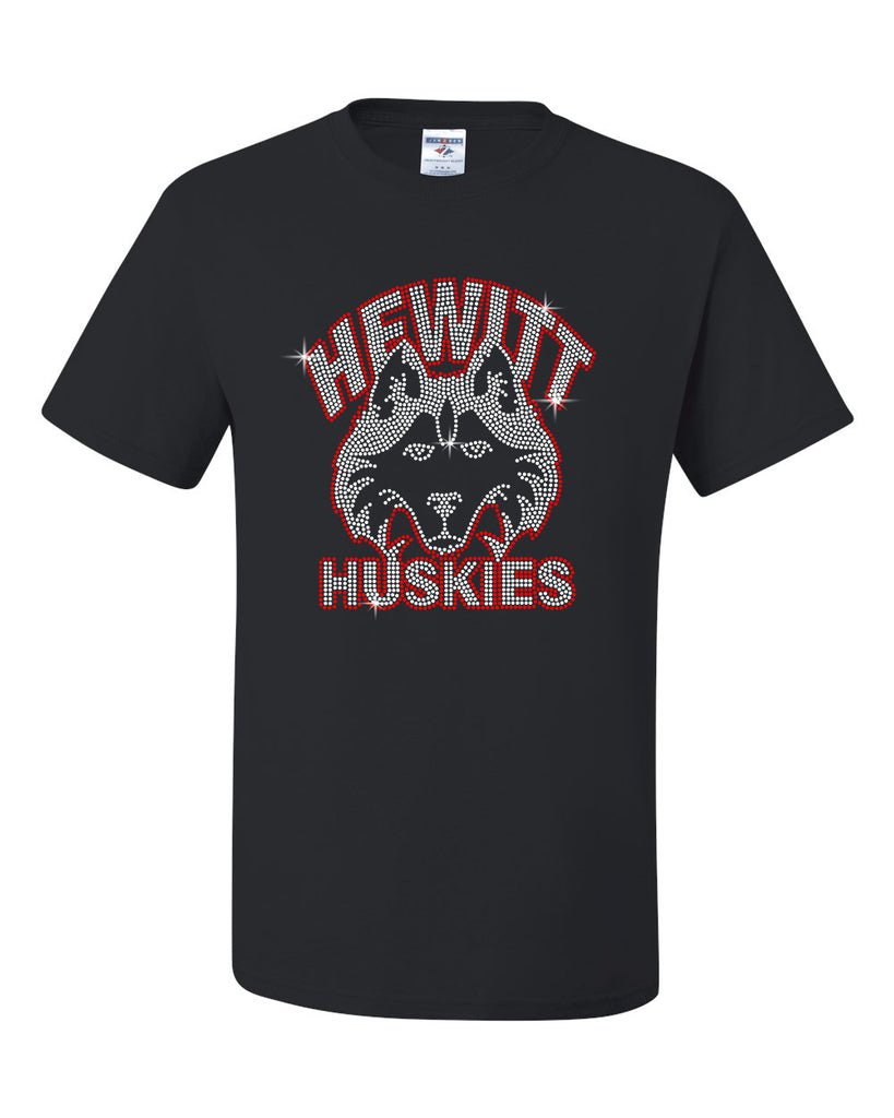 Hewitt Huskies Black Short Sleeve Tee w/ SPANGLE Logo Design 1 on Front