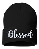 blessed script embroidered cuffed beanie hat