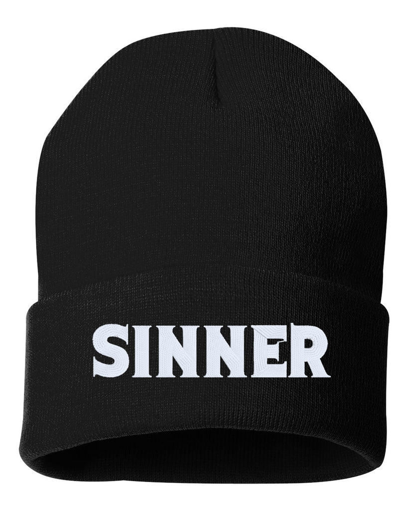 sinner embroidered cuffed beanie hat