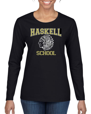 HASKELL School Heavy Cotton White Long Sleeve Tee w/ Large HASKELL School "H" Logo on Front.