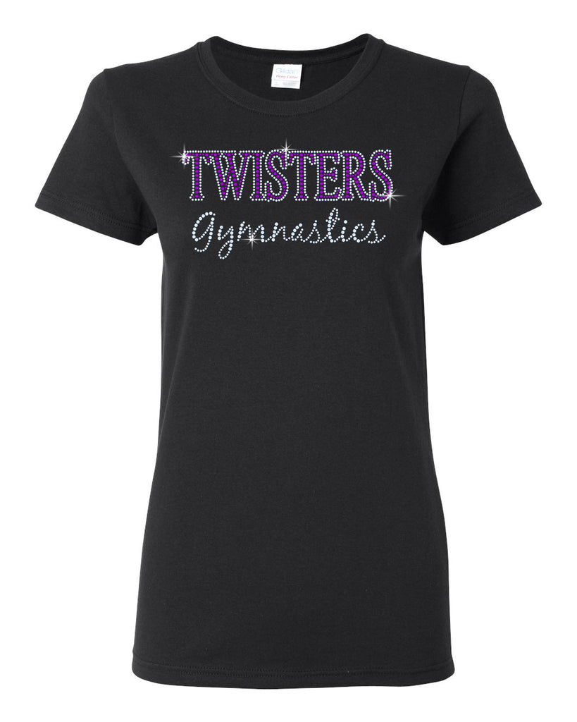 twisters gymnastics black 100% cotton tee w/ twisters 2 color spangle design