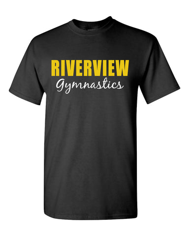 Riverview Gymnastics Ringer Stripe Crew Shirt w/ 2 Color Design on Front.