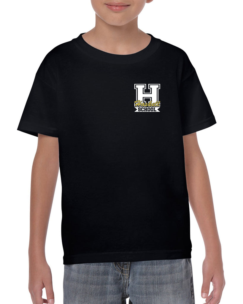 haskell school heavy cotton black short sleeve tee w/ small left chest haskell school "h" logo on front.