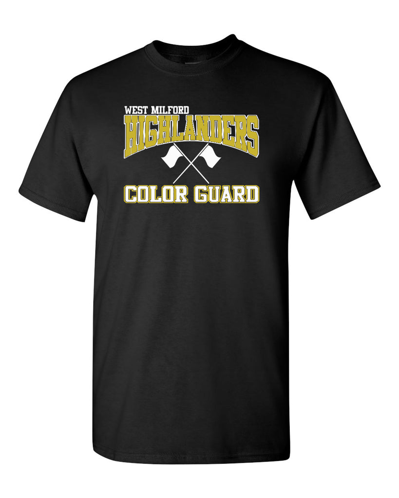wm highlanders color guard black t-shirt w/ 2 color logo on front.