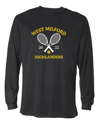 West Milford Tennis Charcoal Long Sleeve Tee w/ WM Tennis on Front.