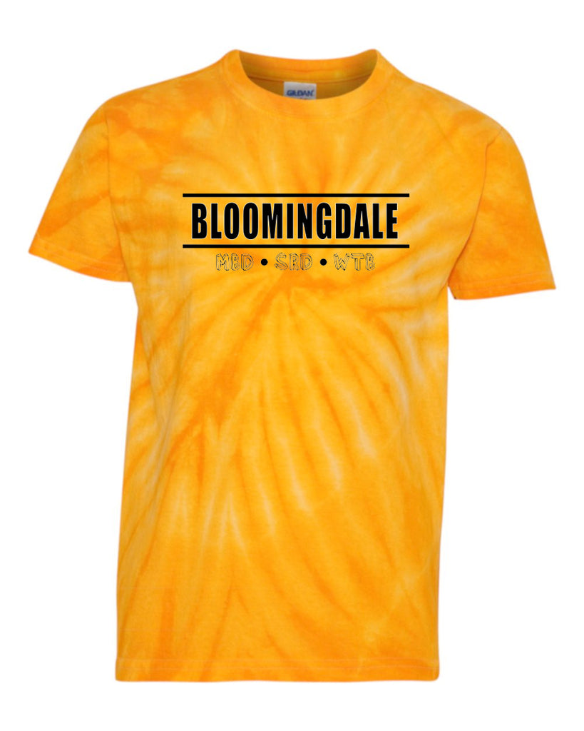 bloomingdale pta gold dyenomite - cyclone pinwheel tie-dyed t-shirt w/ bloomingdale pride logo on front