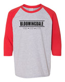 bloomingdale pta red raglan three-quarter sleeve t-shirt - 5700b w/ bloomingdale pride logo on front