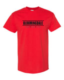 bloomingdale pta red short sleeve tee w/ bloomingdale pride logo on front