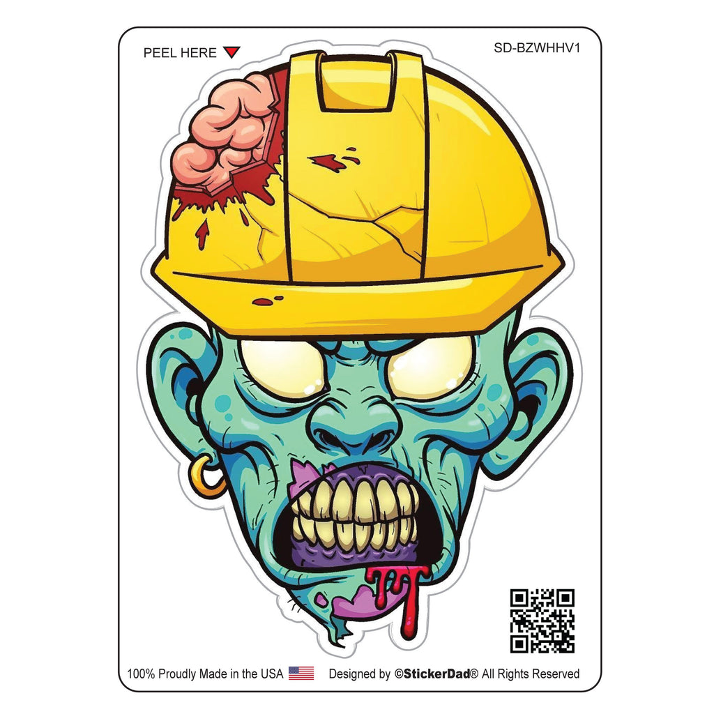 blue zombie with hard hat v1 - 4" full color printed vinyl decal window sticker