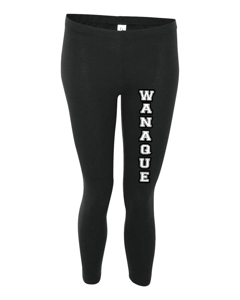 wanaque school black leggings w/ wanaque design down front of left leg.