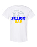 bulldogs white 100% cotton tee w/ bulldogs dad design on front.