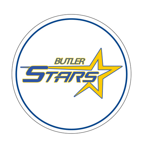 Butler Stars Gray/Royal Raglan Tee w/ Butler Stars Logo on Front.