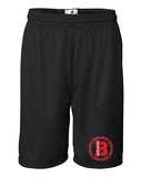 bloomingdale pta black badger - mini mesh 9'' inseam shorts - 7239 w/ bloom b design on front leg.