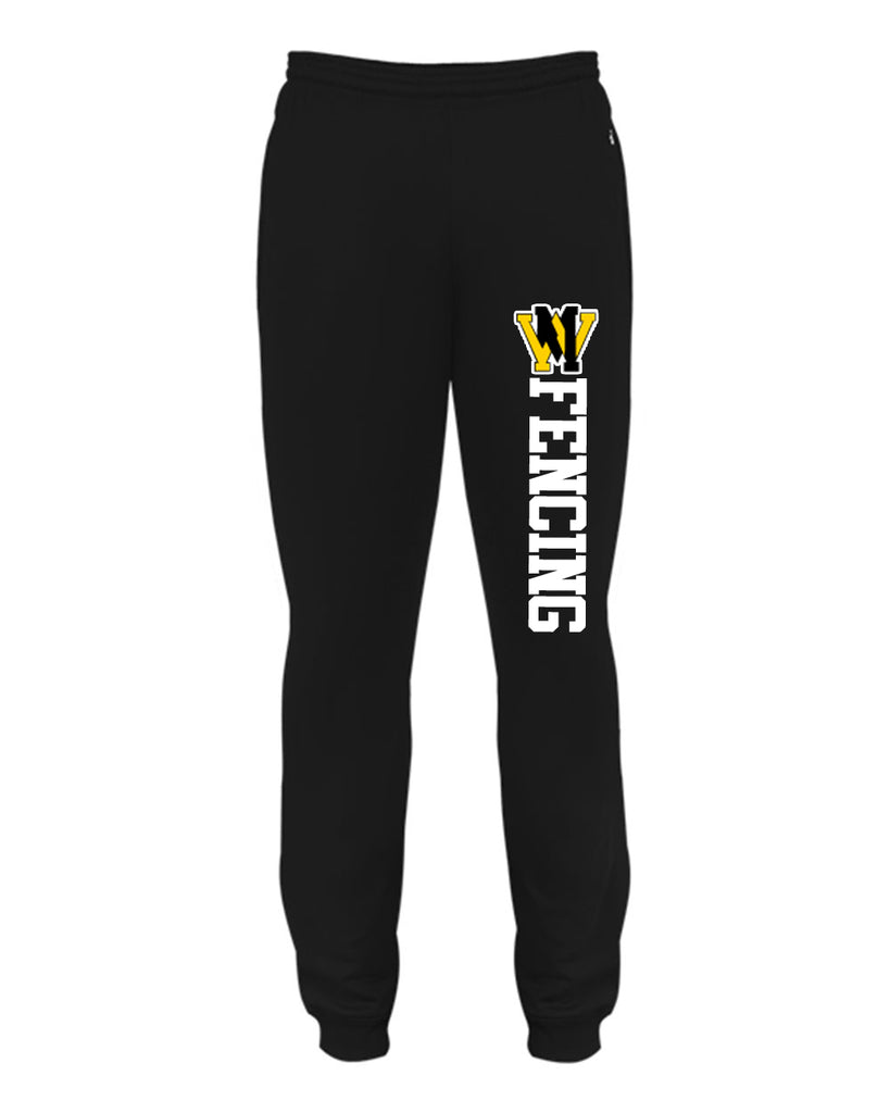 west milford fencing black badger - women’s sport athletic fleece joggers - 1216 w/ wm fencing logo down left leg.