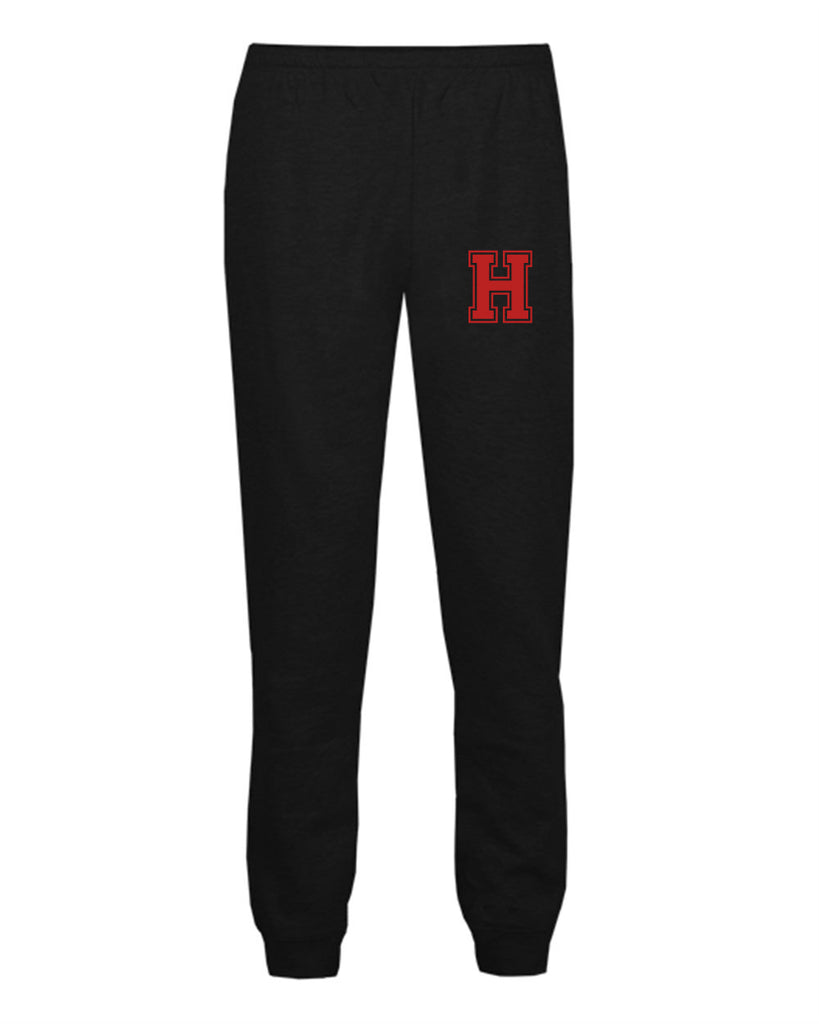 heights black badger - athletic fleece joggers - 2215 w/ heights small varsity h logo on left hip.