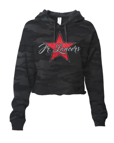 Jr Lancers Cheer - ITC Women's Lightweight Cropped Hooded Sweatshirt w/ Cheerleading 2 Color Design on Front.