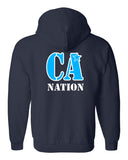cheer army navy full zip heavy blend hoodie w/ ca nation on back in white and glitter columbia blue.