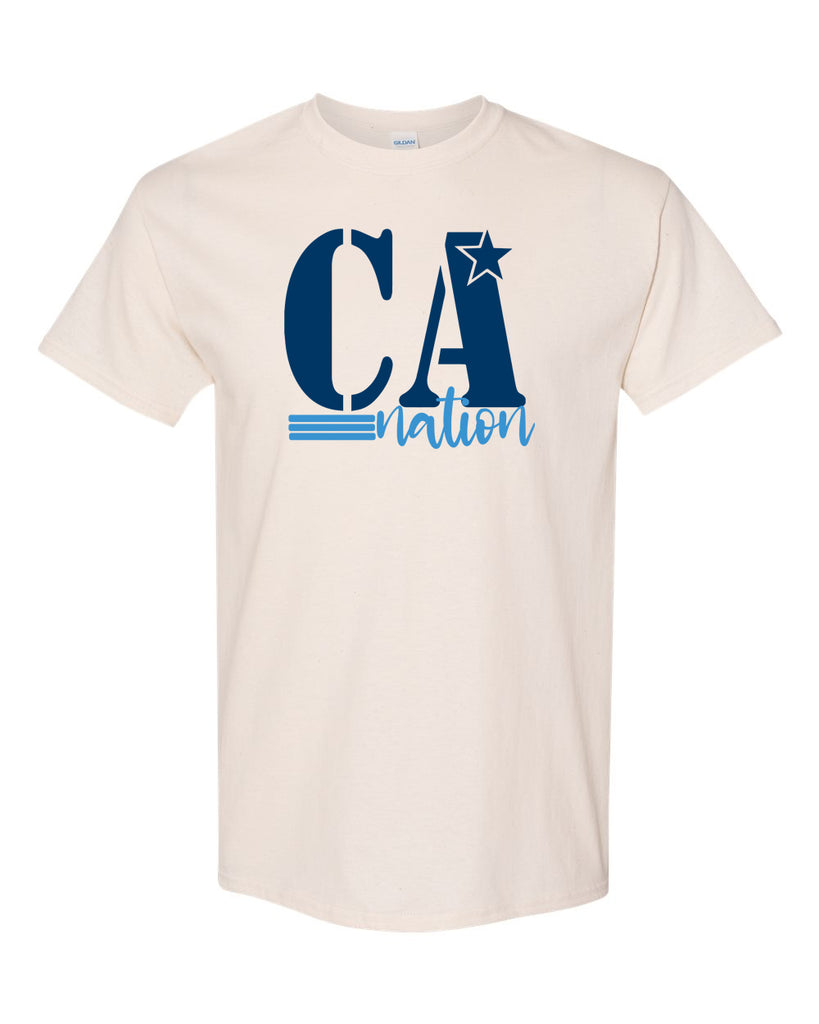 cheer army natural short sleeve tee w/ 2 color ca nation on front.