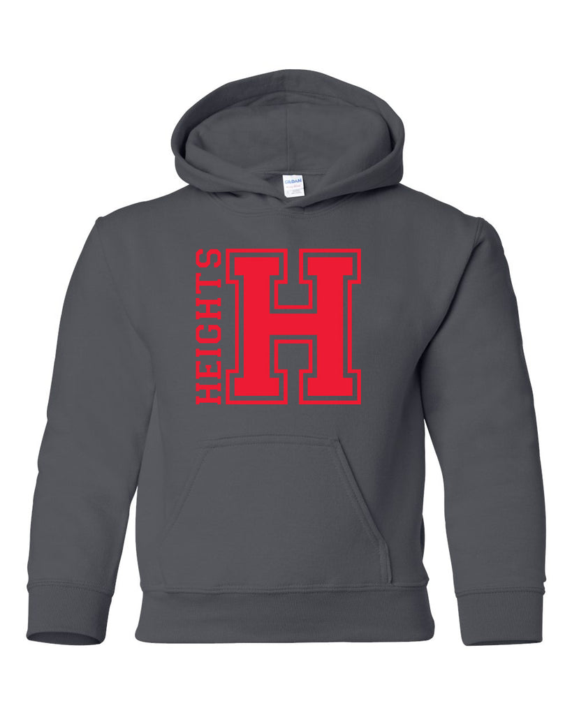 heights charcoal hoodie w/ heights og design in red on front.