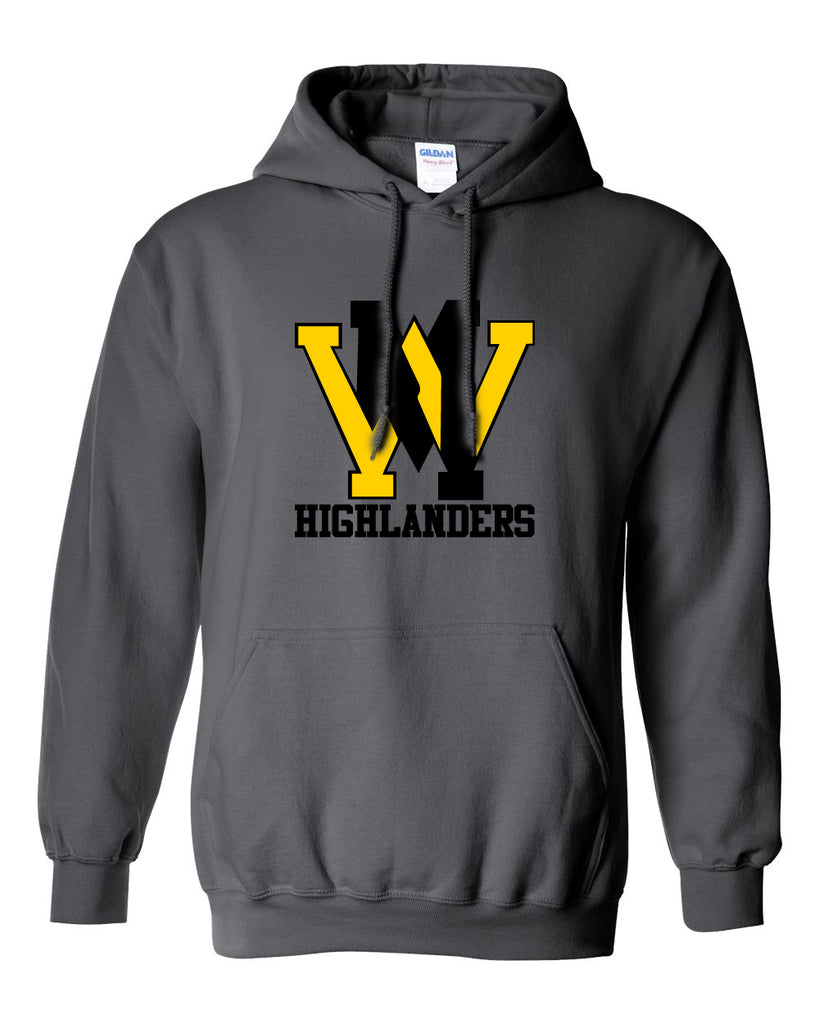 west milford highlanders charcoal hoodie w/ large wm logo on front.