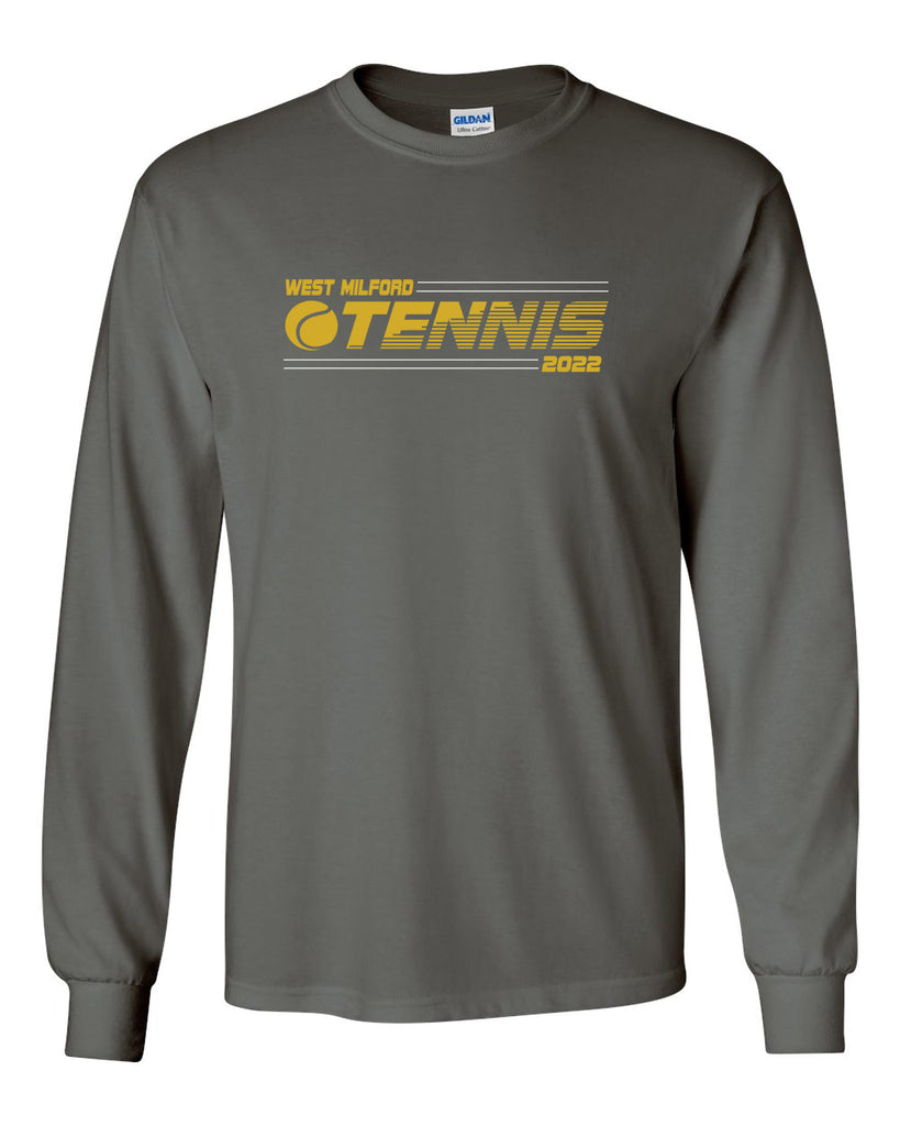 west milford tennis charcoal long sleeve tee w/ wm tennis 2022 logo on front.