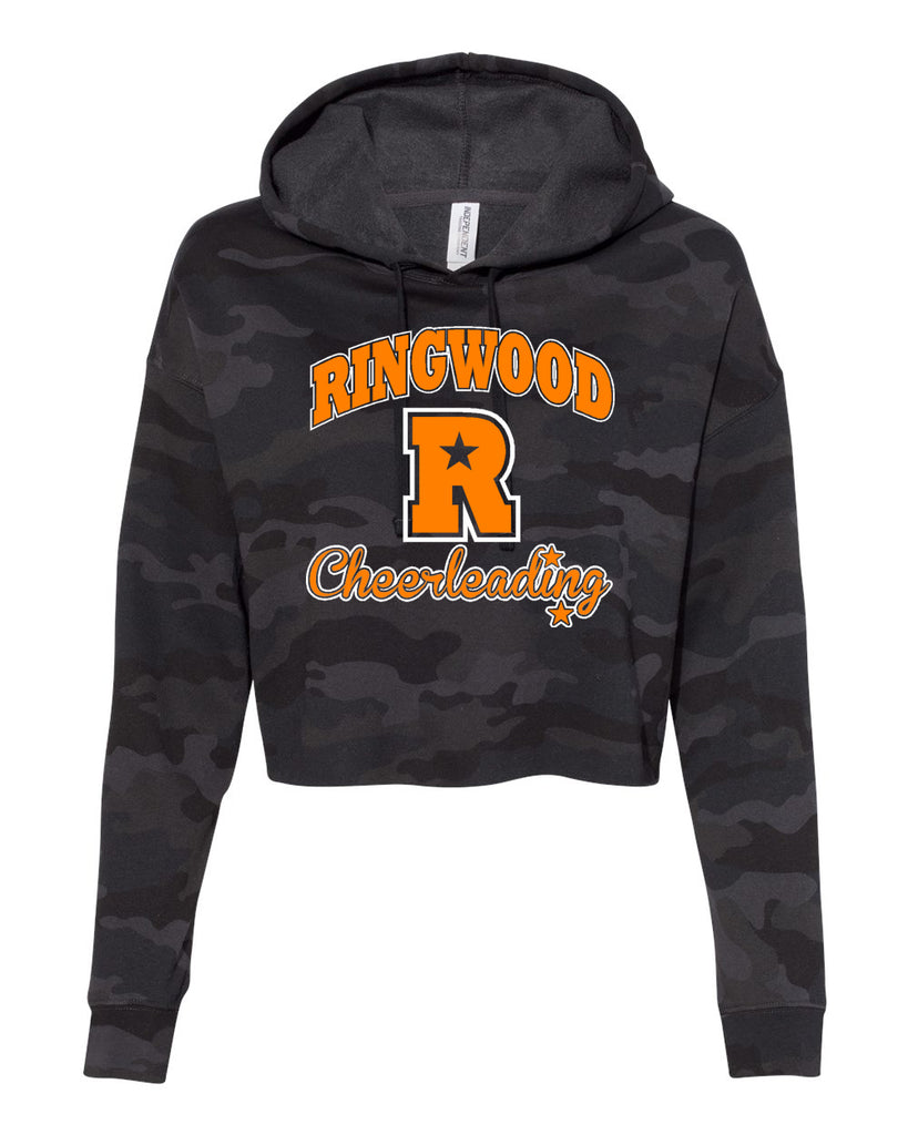 Ringwood Rattlers Black Camo ITC Women’s Lightweight Crop Hooded Sweatshirt - AFX64CRP w/ 2 Color CHEERLEADING Design on Front