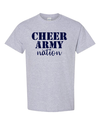 Cheer Army Navy Blue Short Sleeve Tee w/ CHEER ARMY NATION Wave Design on Front.