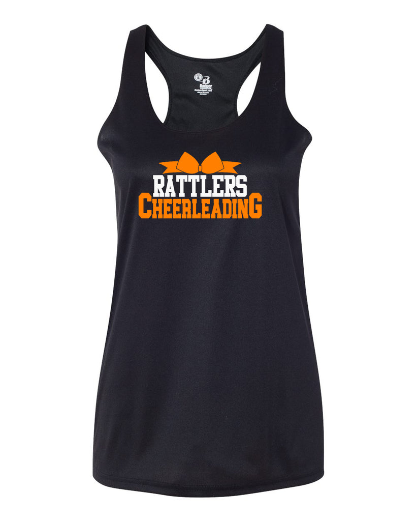 Ringwood Rattlers Black B-Core Racerback Performance Tank w/ 2 Color Rattlers Cheerleading Bow Design on Front