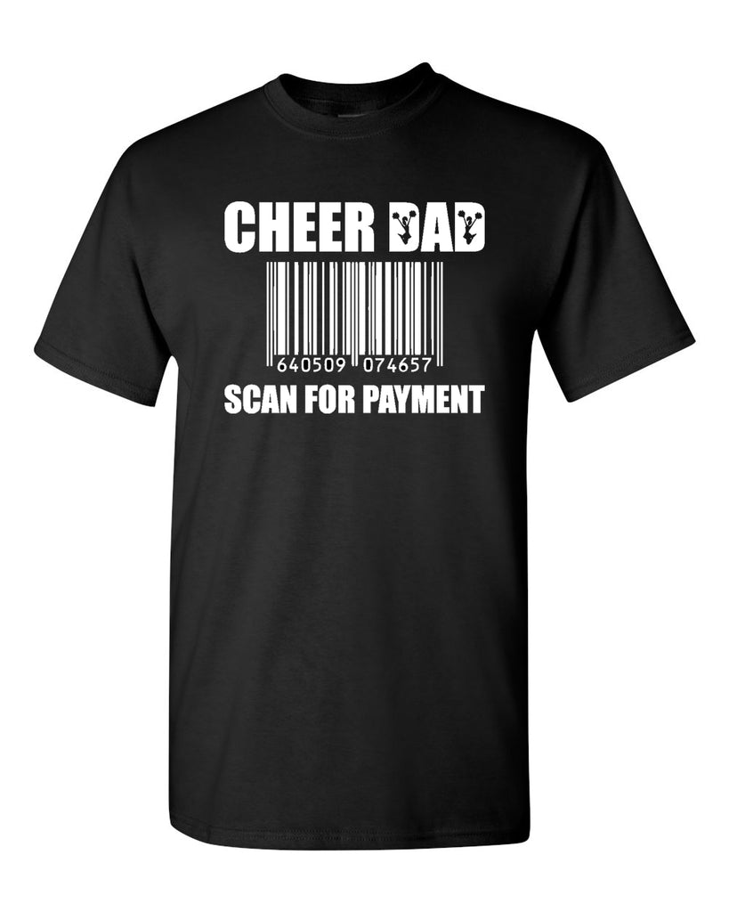 cheer dad black short sleeve tee w/ white cheer dad scan here design on front.