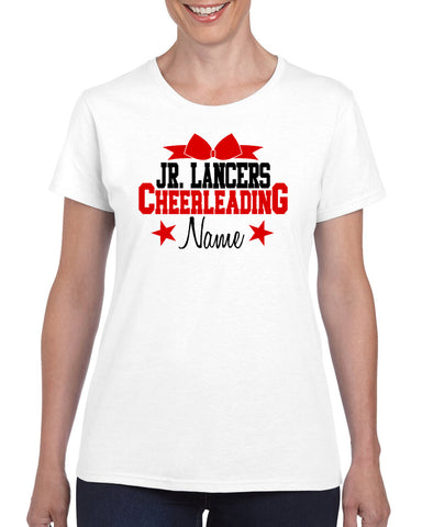 Jr Lancers Competition Cheer Heavy Cotton Black Shirt w/ Cheer Dad Star 2 Color Design on Front.