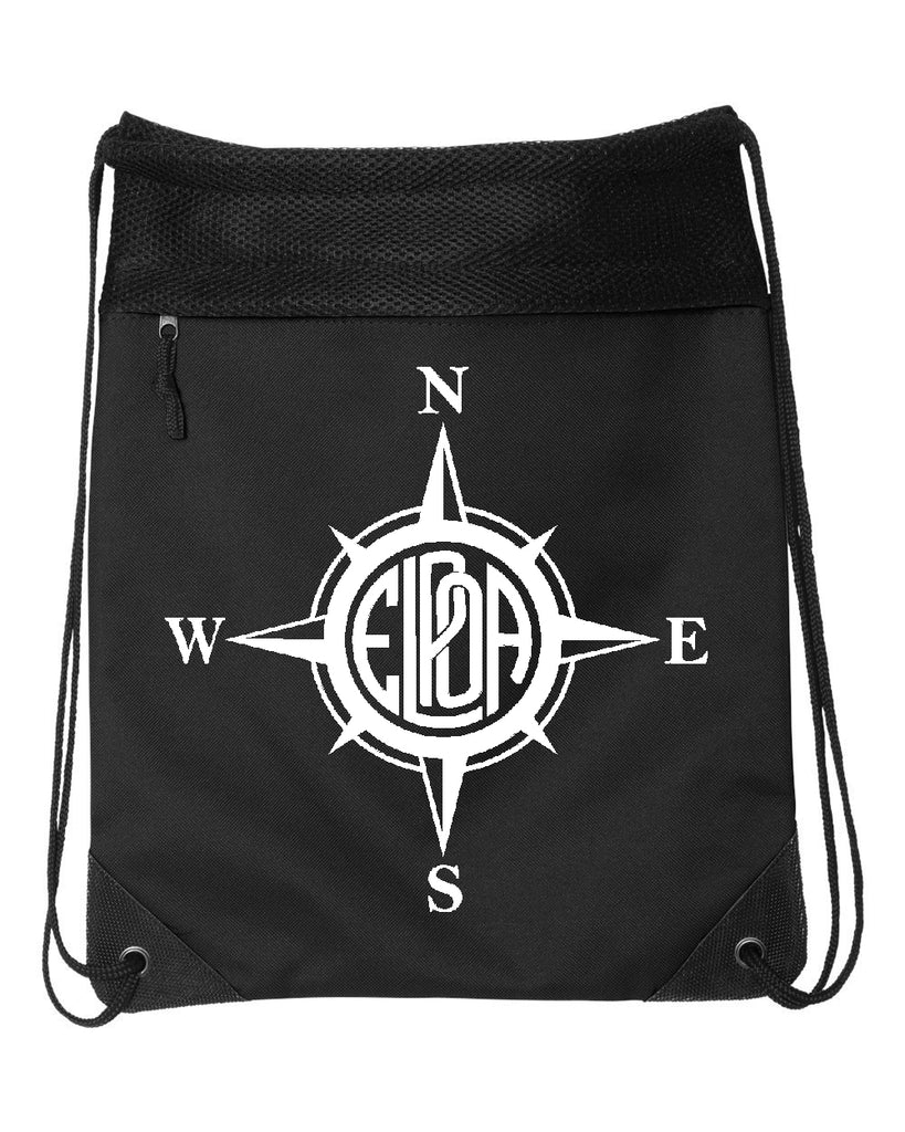 Erskine Lakes Black Coast to Coast Drawstring Backpack - 2562 w/ Compass Design on Front.