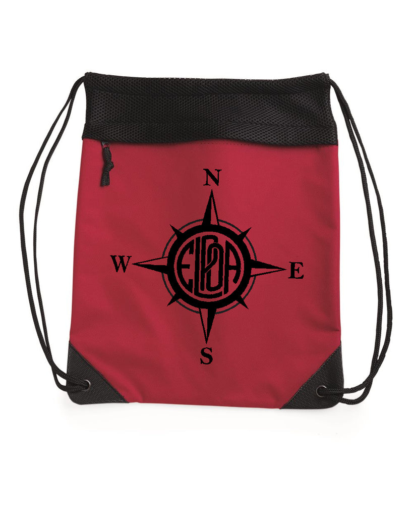 Erskine Lakes Red Coast to Coast Drawstring Backpack - 2562 w/ Compass Design on Front.
