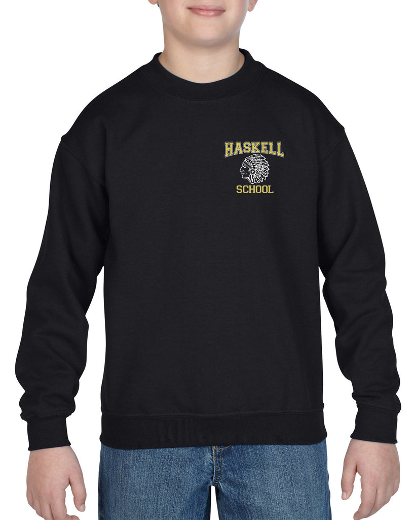 haskell school black heavy blend crewneck sweatshirt w/ small left chest haskell school "indian" logo on front.