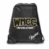 wmcc black zippered drawstring backpack w/ wmcc logo in 3 color glitter on front.