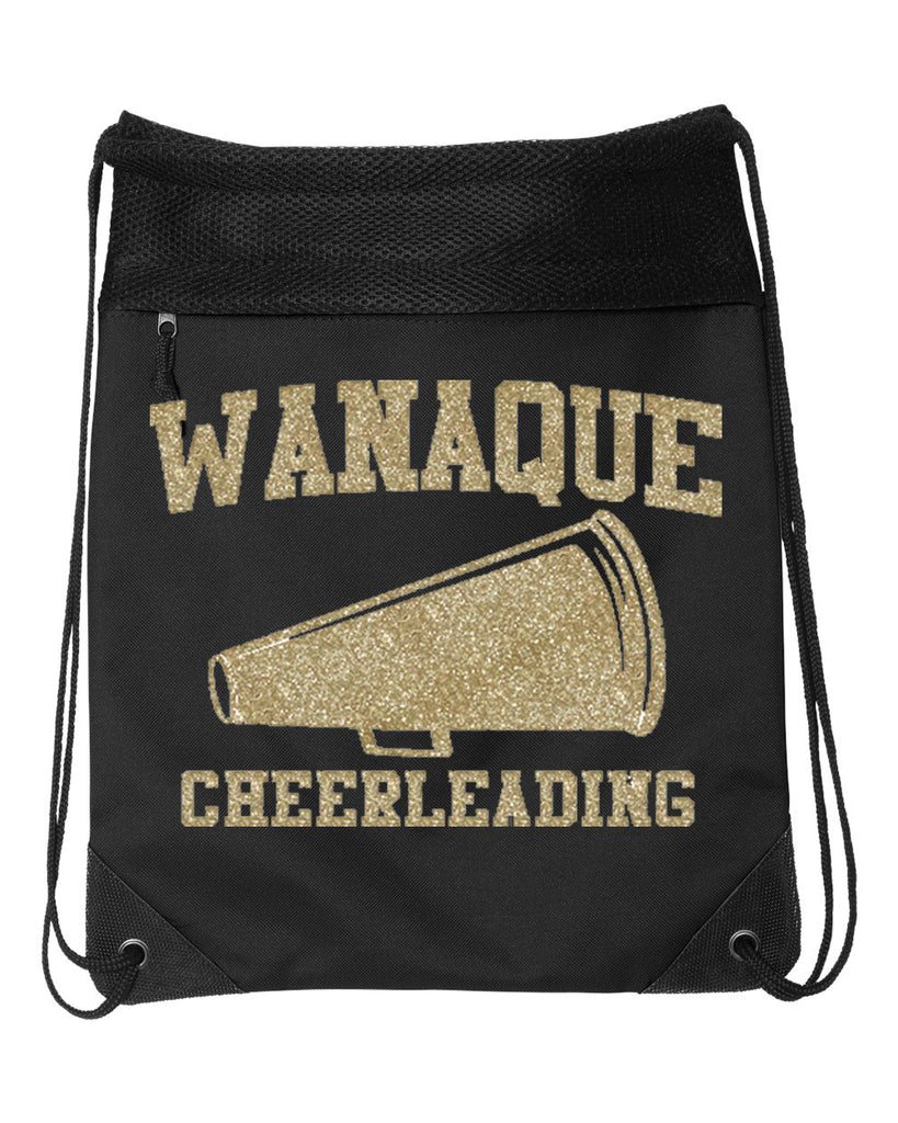 wanaque cheer  black coast to coast drawstring backpack - 2562 w/ gold glitter megaphone design on front.