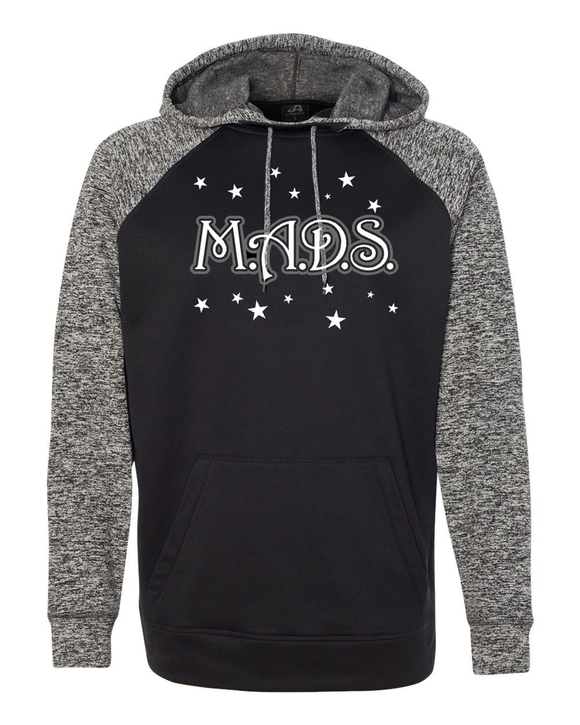 mads cosmic fleece hooded pullover sweatshirt w/ 2 color mads stars design on front.